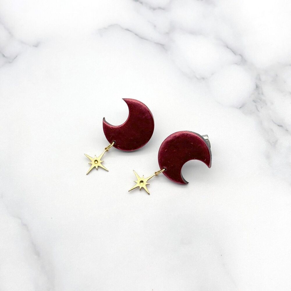 Red Moon and Star Dangle Earrings | Polymer Clay Crescent Jewelry - Picture 9 of 11